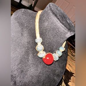 Beautiful handmade hemp necklace with turquoise and amber stones